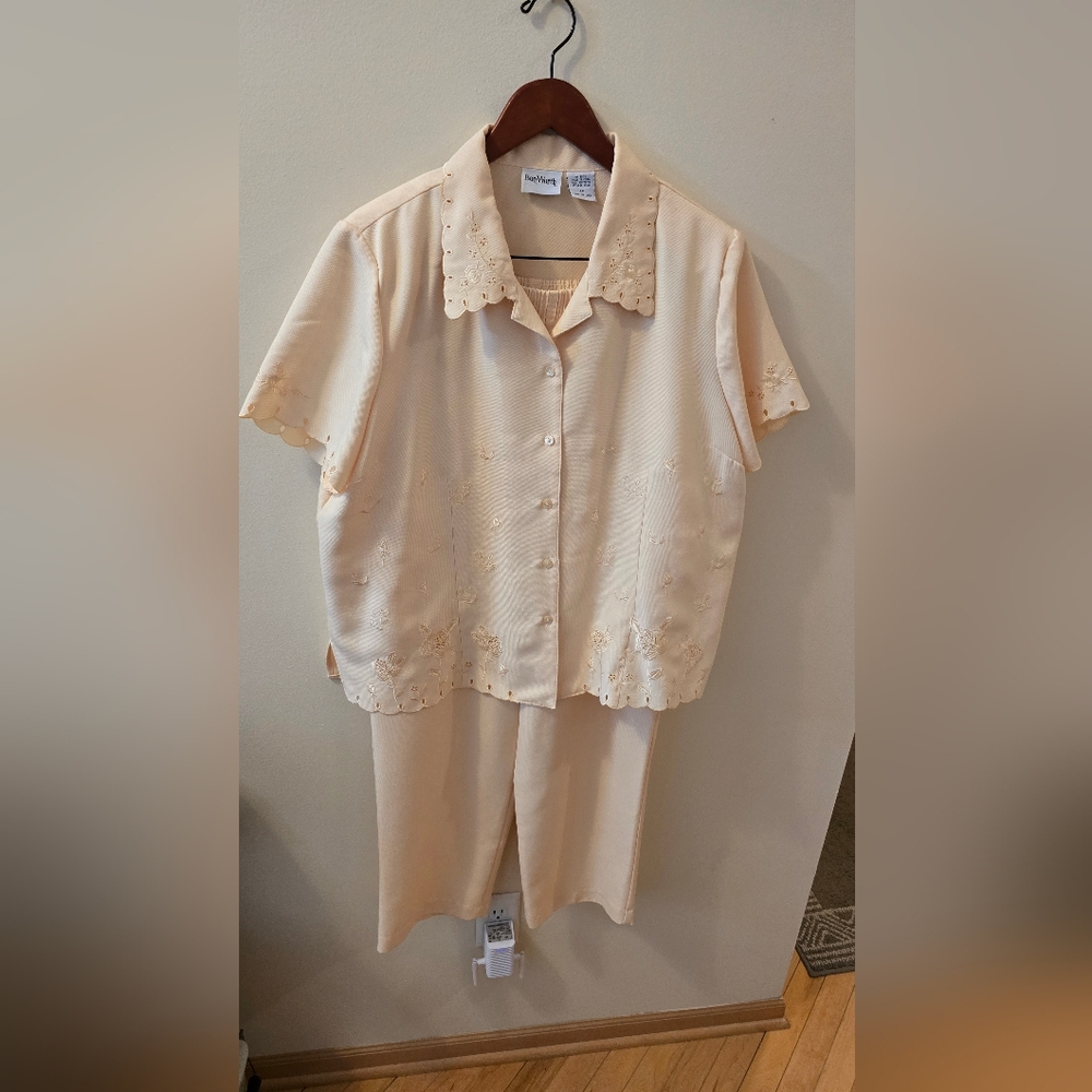 BonWorth Soft Yellow Embroidered Collar Blouse And Pant
